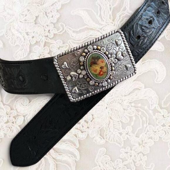 Floral Rhinestone Buckle Embossed Belt Cottagecore Western Romantic 
35–41”